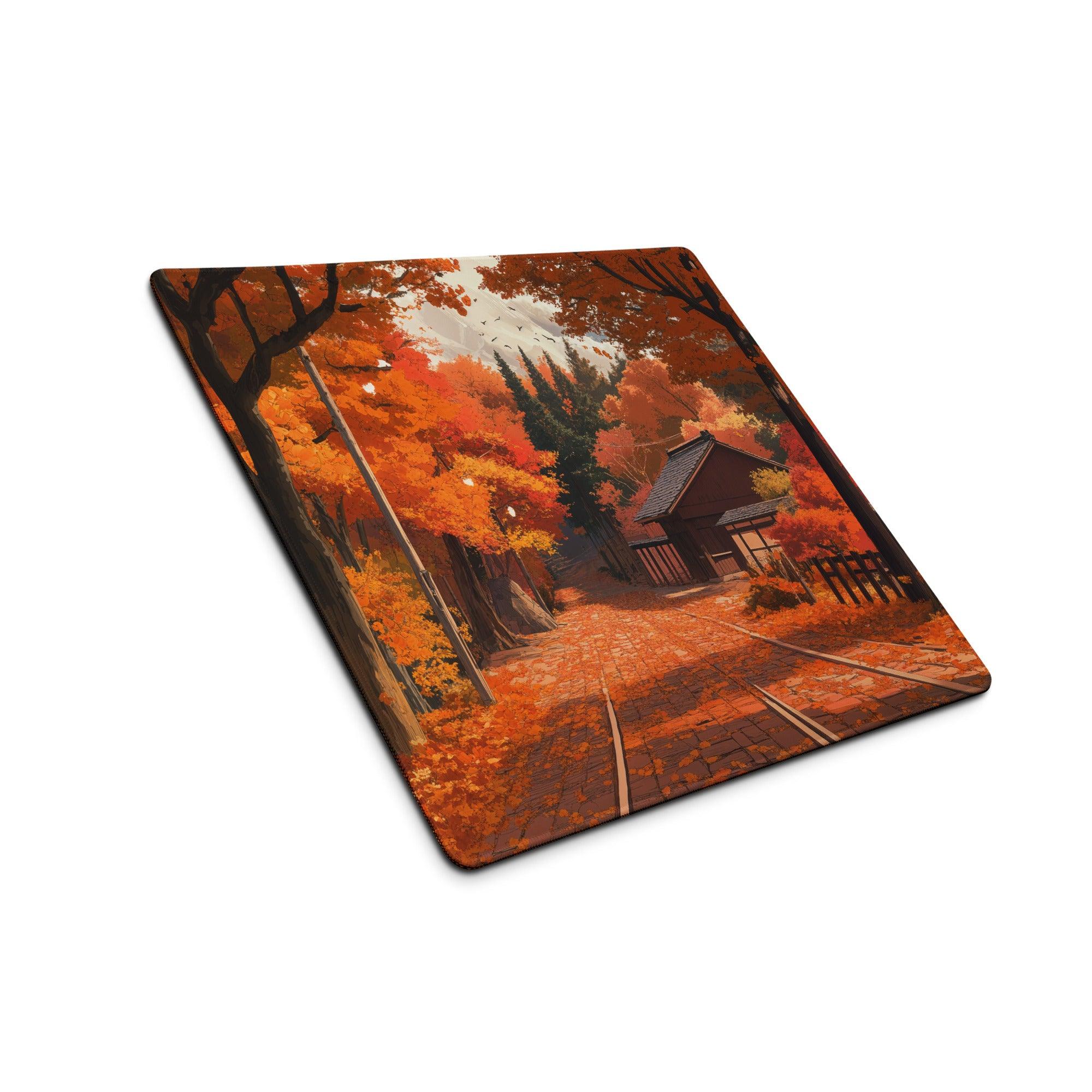 Impressionist autumn forest path mouse pad with orange foliage and cobblestone path