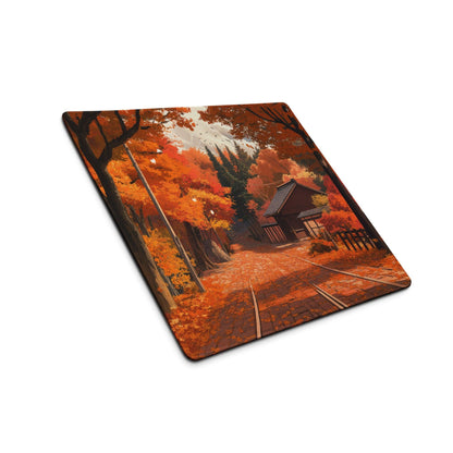 Impressionist autumn forest path mouse pad with orange foliage and cobblestone path
