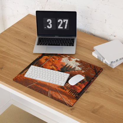 Impressionist autumn forest path mousepad in warm orange tones