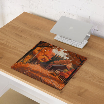 Impressionist autumn forest path gaming mouse pad with orange trees, Japanese house, tracks