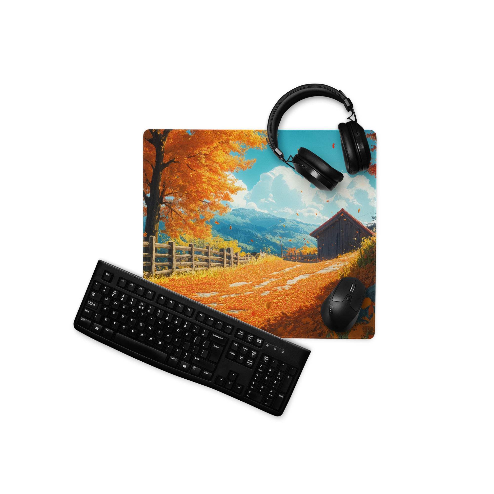 Black matte keyboard on autumn orange cozy gaming mouse pad