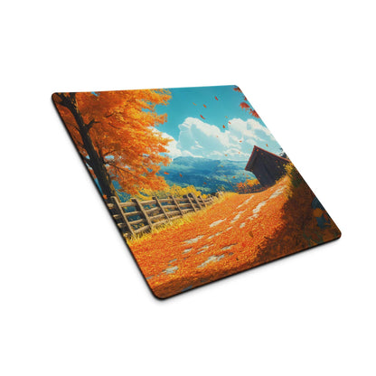 Autumn landscape gaming mouse pad with orange trees, fence, leaves, non-slip base