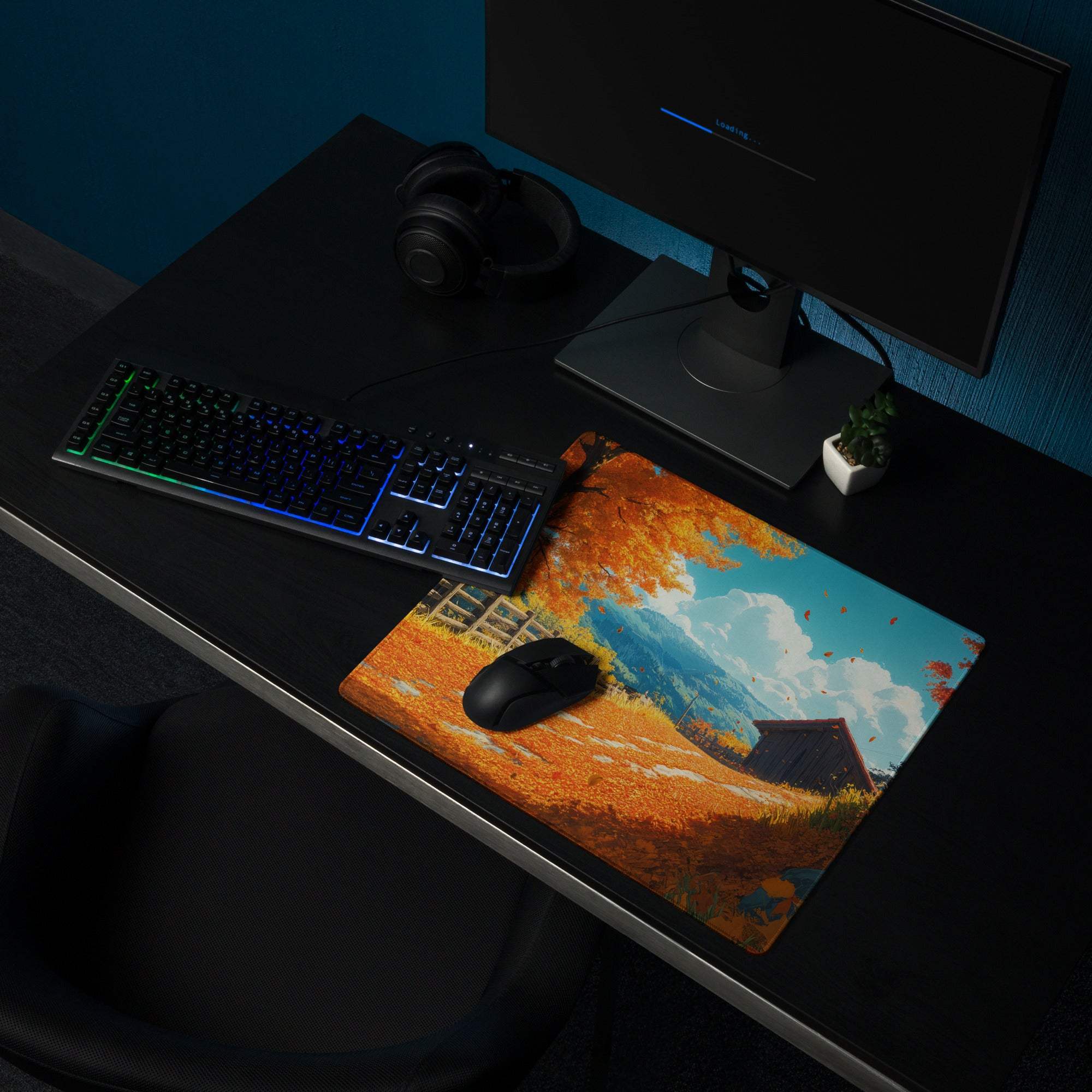 Autumn landscape gaming mouse pad with orange foliage, large non-slip surface