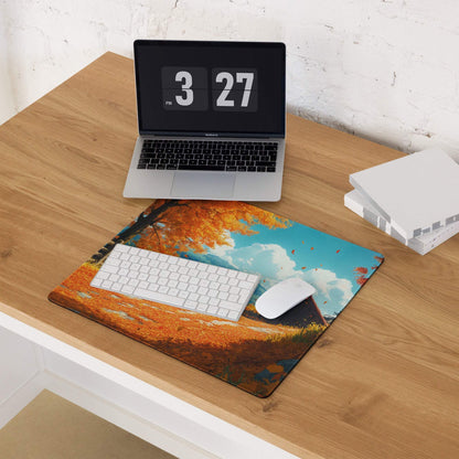 Autumn forest gaming mouse pad with orange leaves, large non-slip base