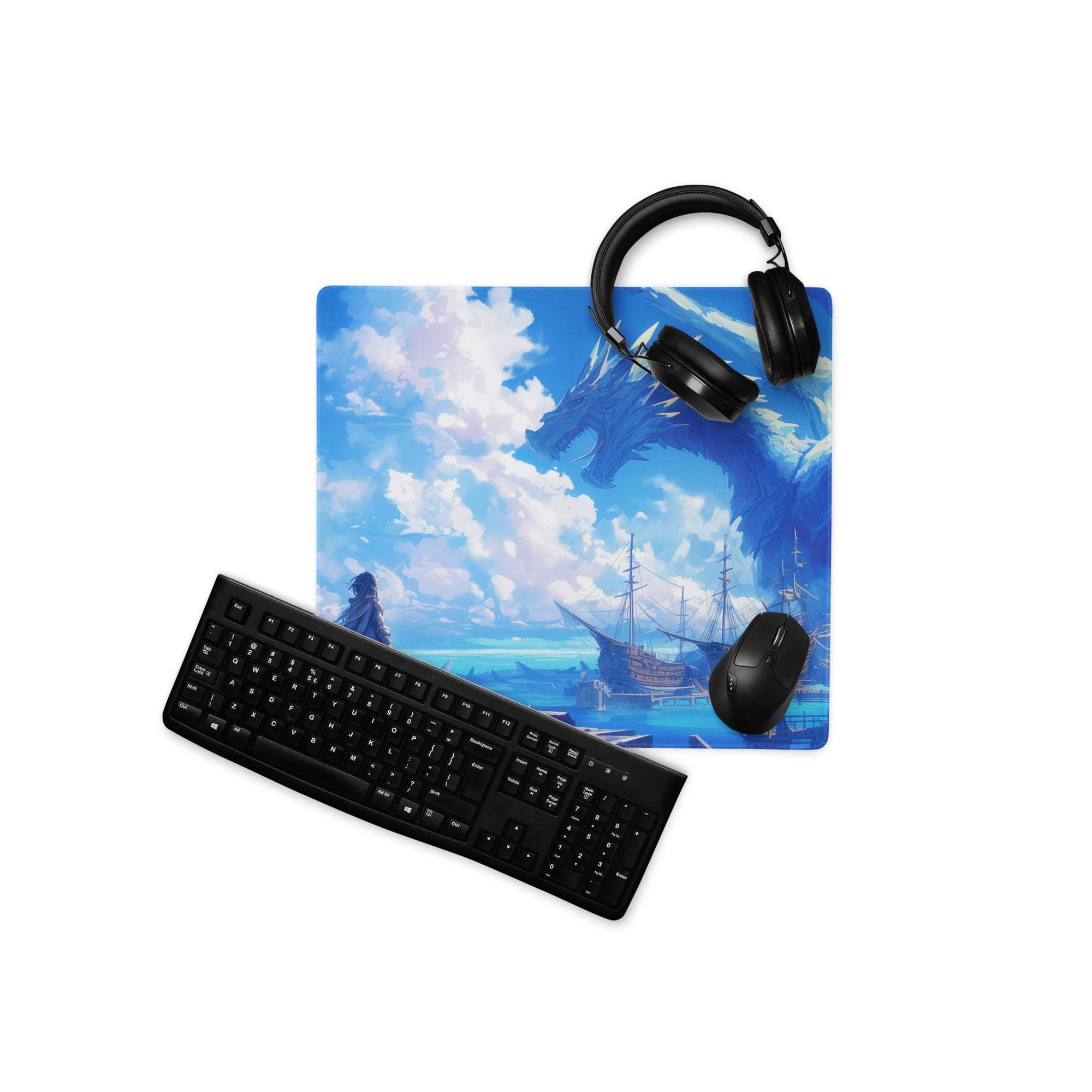 Blue dragon and ship fantasy gaming mousepad with sky and clouds scene