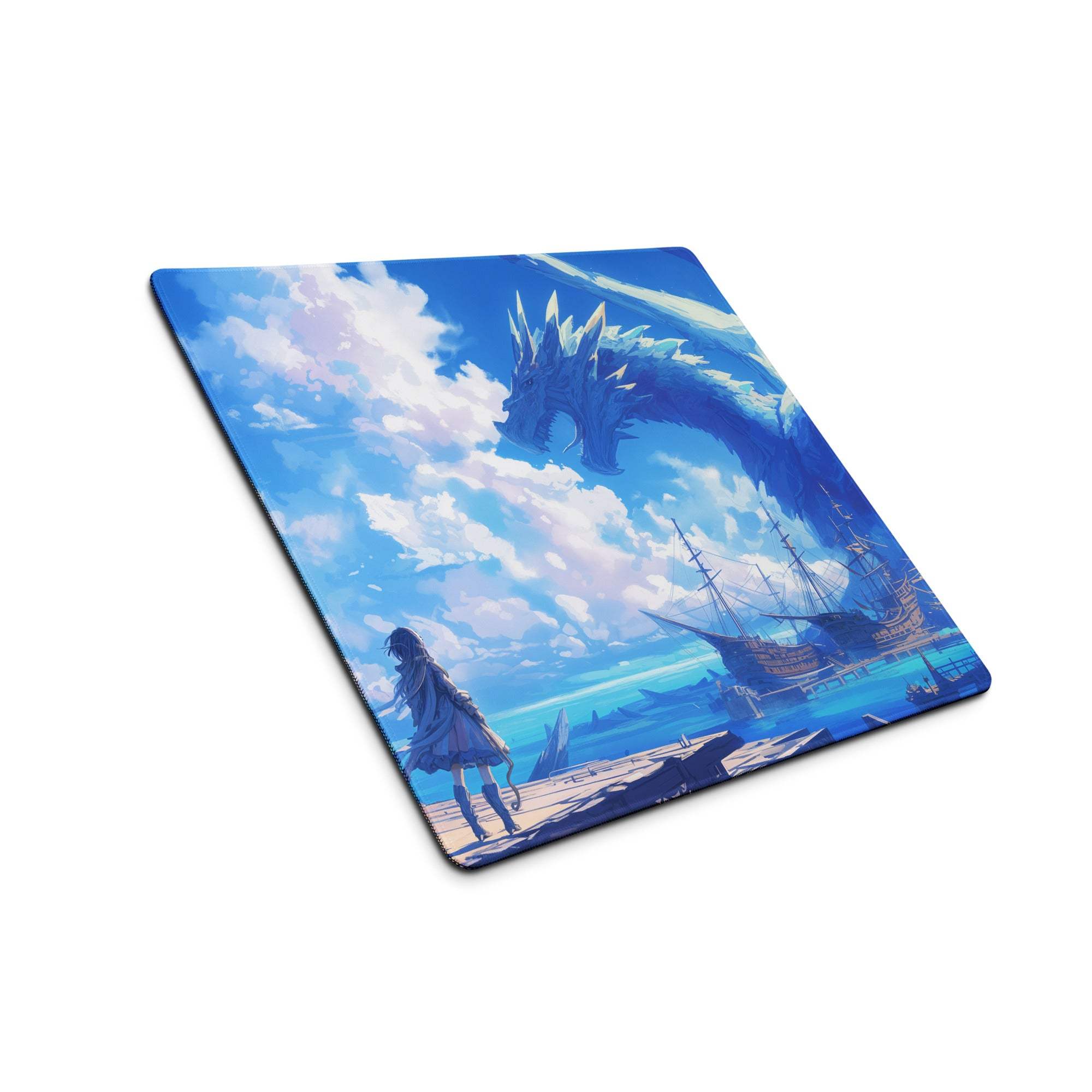 Blue fantasy dragon soaring over ship on large gaming mouse pad