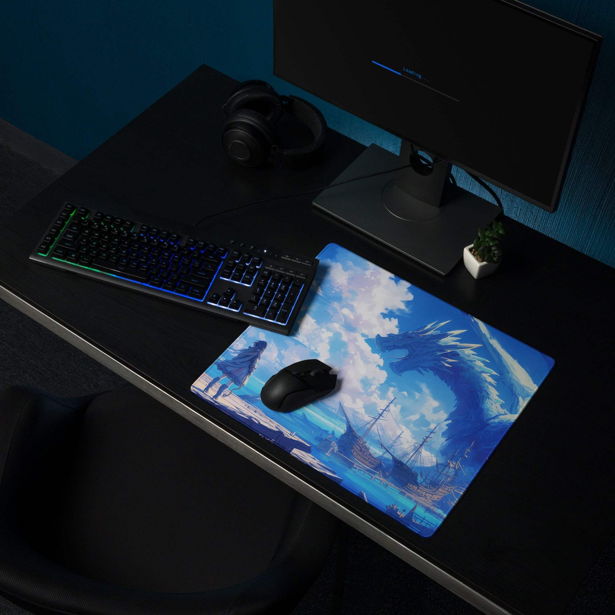 Blue dragon soaring over ships and mountains on large stitched gaming mouse pad