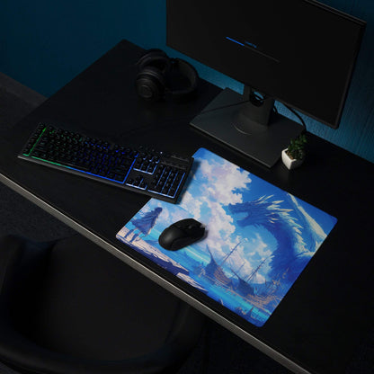 Blue dragon soaring over ships and mountains on large stitched gaming mouse pad
