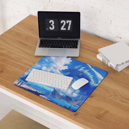 Blue anime dragon and ships gaming mouse pad with stitched edges