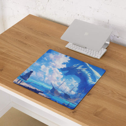 Blue dragon soaring over ships and clouds on large stitched gaming mouse pad