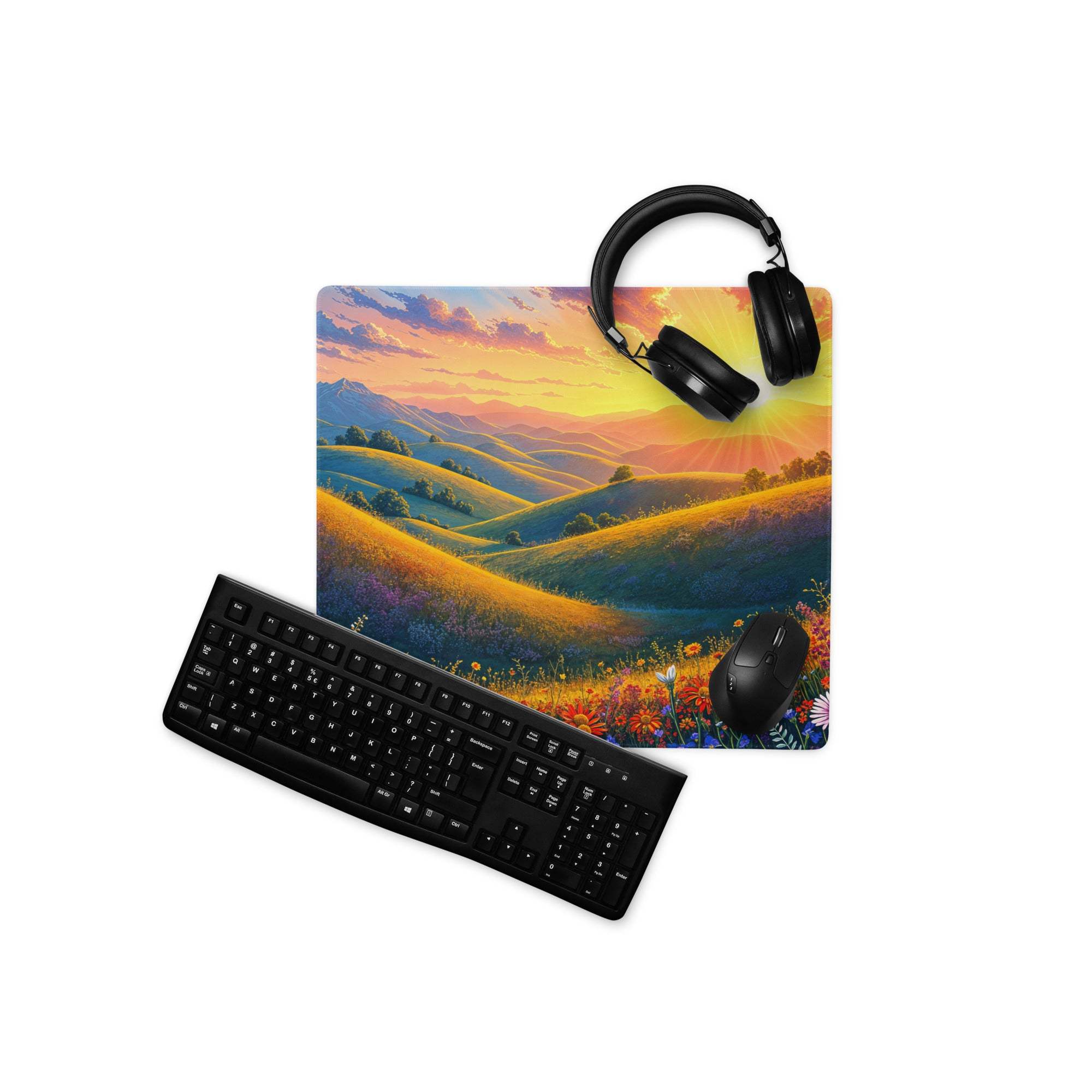 Vibrant sunset landscape gaming mouse pad with hills, wildflowers, non-slip base