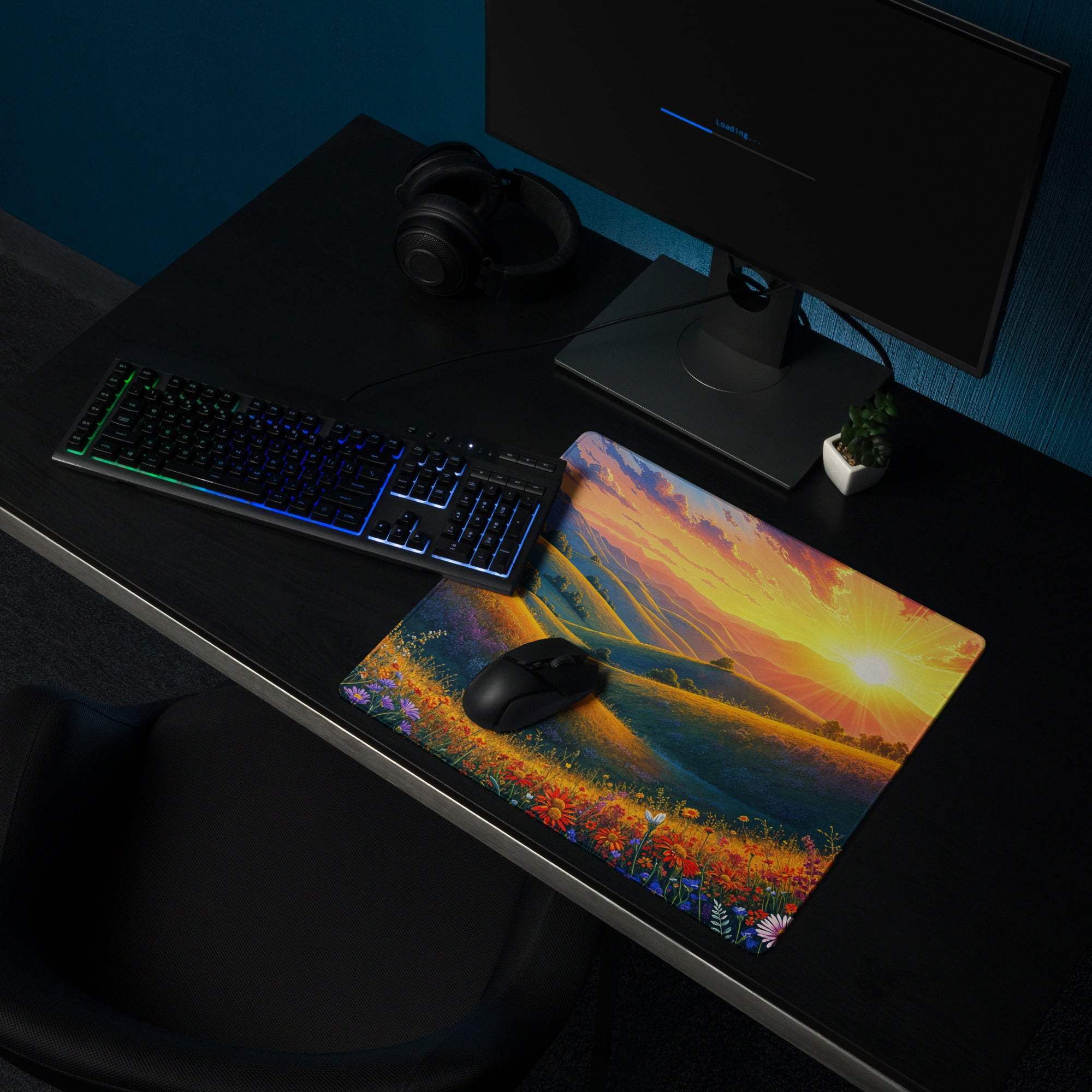 Vibrant sunset landscape gaming mouse pad with wildflowers, hills, glossy surface, non-slip base