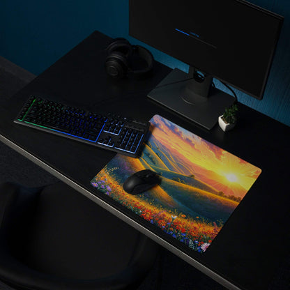 Vibrant sunset landscape gaming mouse pad with wildflowers, hills, glossy surface, non-slip base