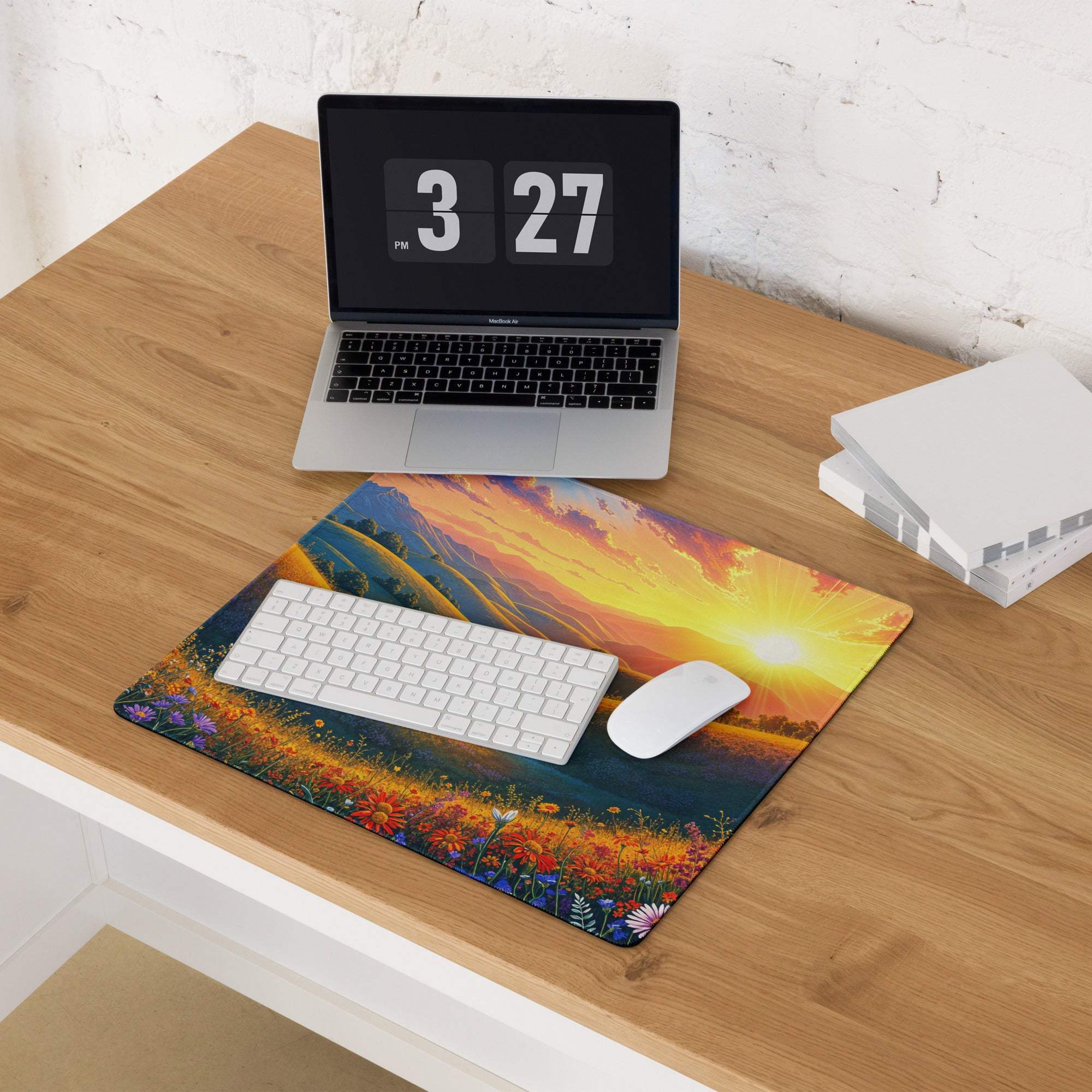 Vibrant sunset landscape gaming mouse pad with hills, flowers, non-slip base