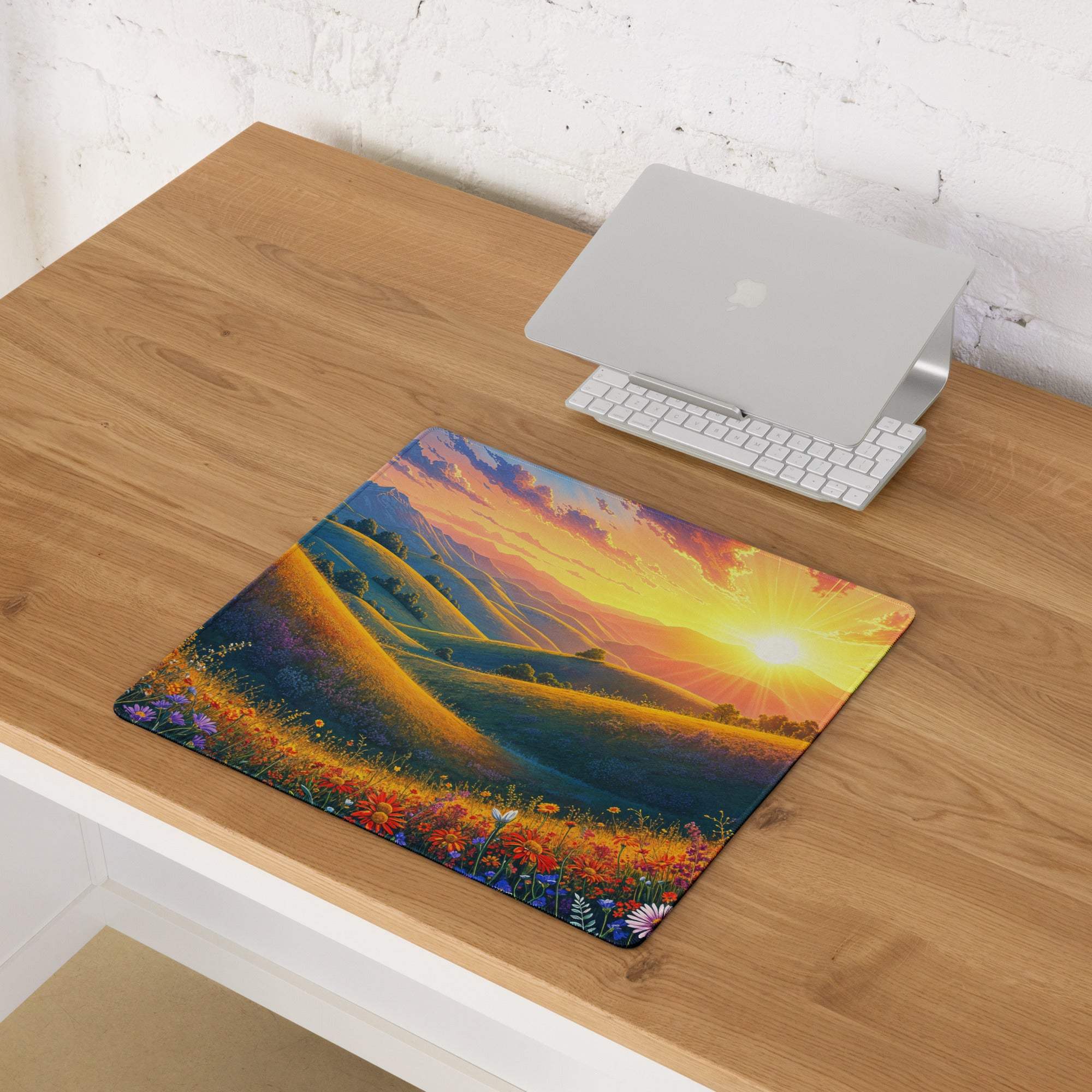 Vibrant sunset over hills and wildflowers on large non-slip gaming mouse pad