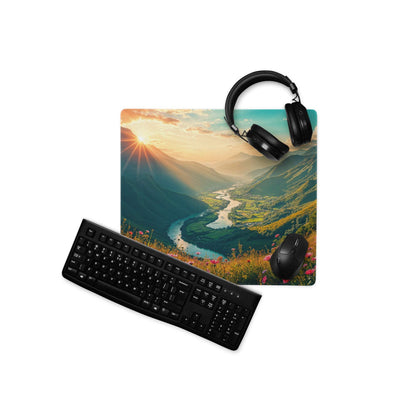 Black matte wireless keyboard on Vibrant Sunrise Mountain mouse pad