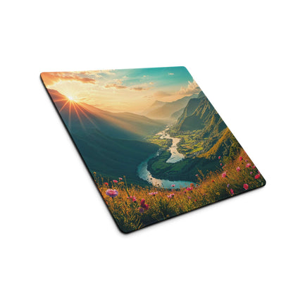 Vibrant sunset mountain landscape gaming mouse pad with river and pink wildflowers