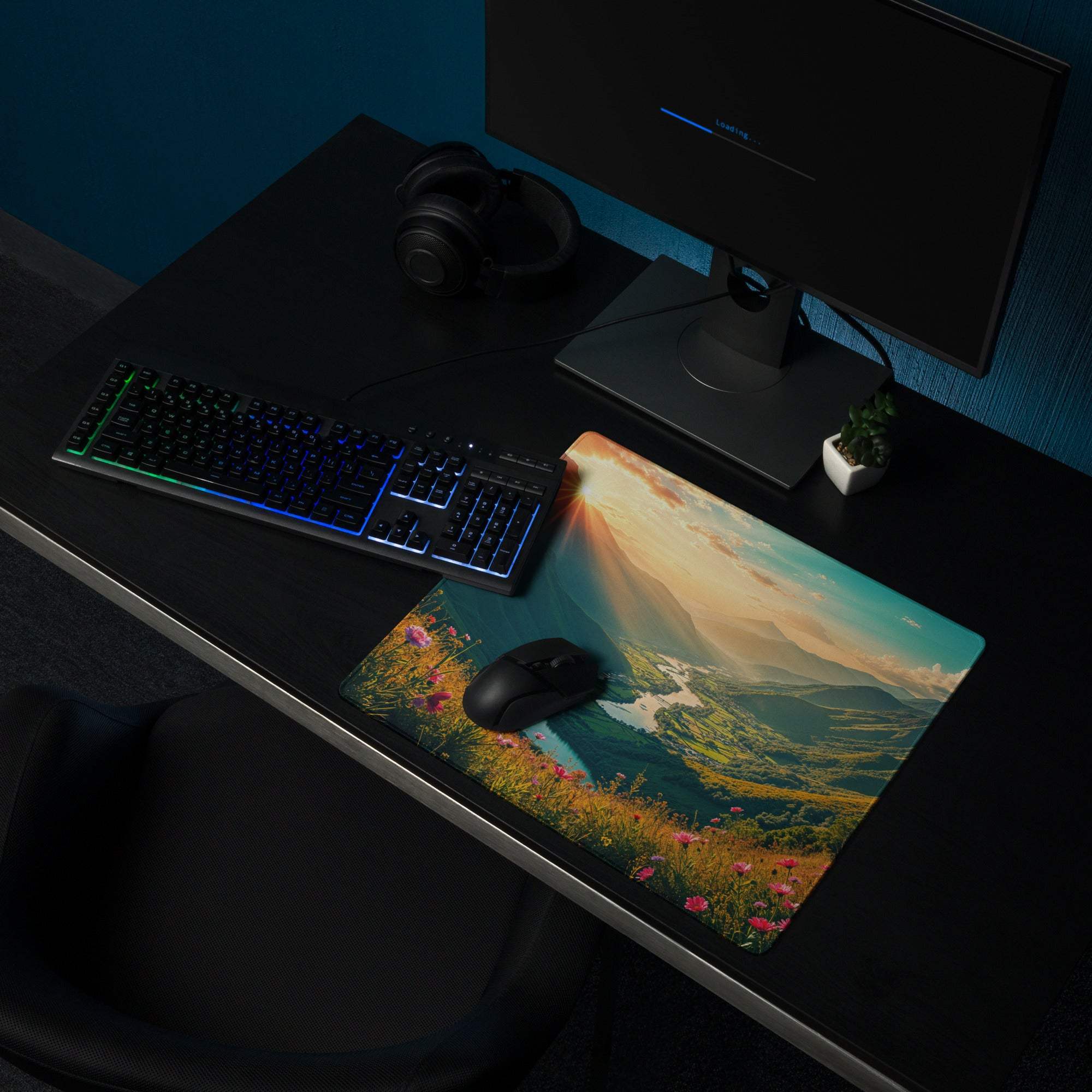 Vibrant sunrise mountain landscape gaming mouse pad with non-slip backing