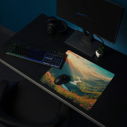 Vibrant sunrise mountain landscape gaming mouse pad with non-slip backing