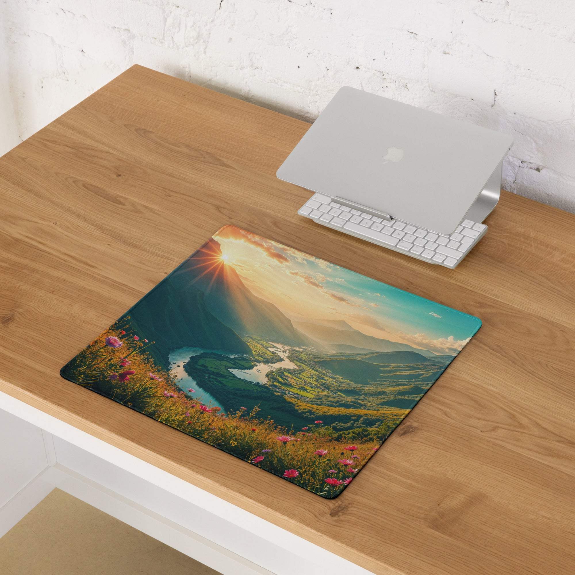 Vibrant sunrise mountain landscape large gaming mouse pad with non-slip backing