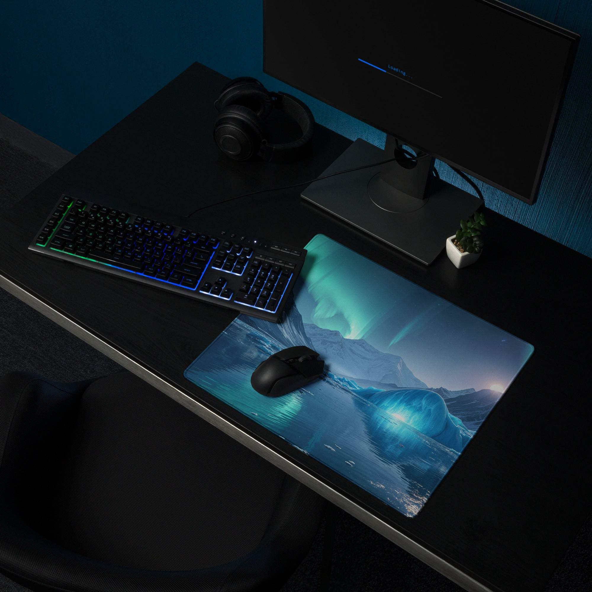 Epic Aurora Ice Mountain large gaming mouse pad with aurora borealis and mountains