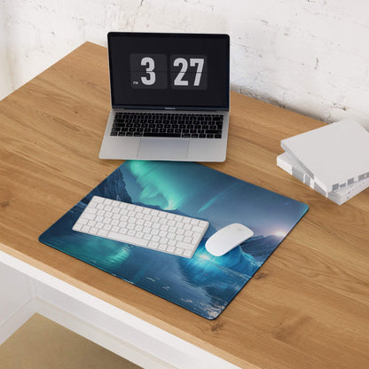 Blue aurora borealis ice mountain gaming mouse pad with glossy finish