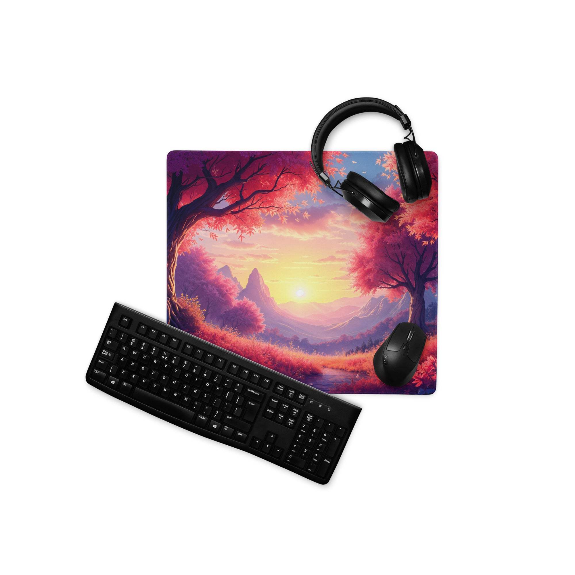 Large non-slip gaming mouse pad in vibrant sunset forest theme with headphones and keyboard