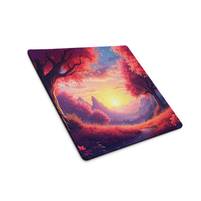 Vibrant red orange sunset forest mousepad with mountains, large non-slip gaming design
