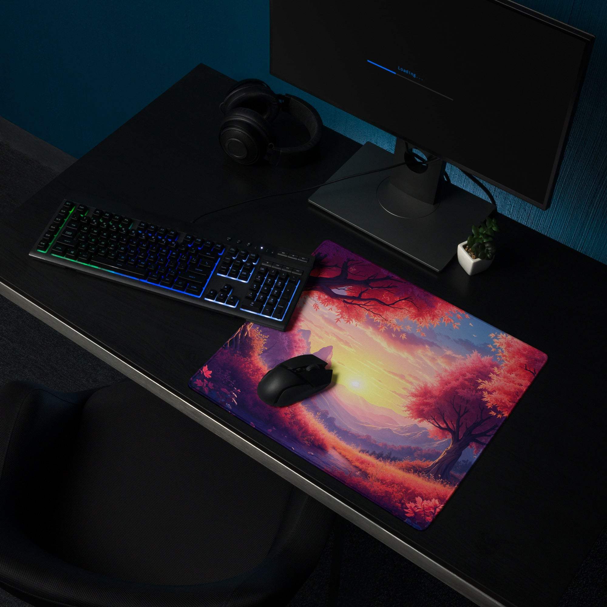 Large non-slip gaming mouse pad with vibrant sunset forest theme