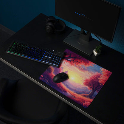 Large non-slip gaming mouse pad with vibrant sunset forest theme