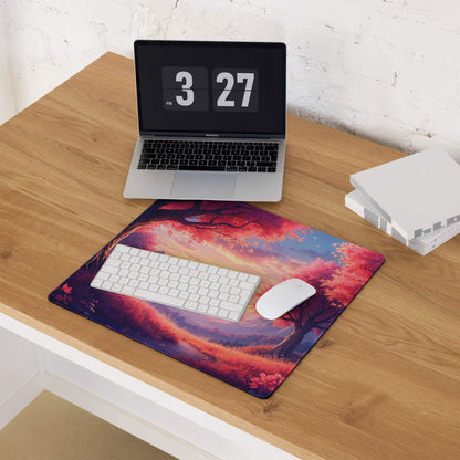 Large non-slip gaming mouse pad in vibrant sunset forest theme with keyboard and mouse