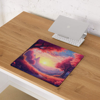 Large non-slip gaming mouse pad with vibrant sunset forest theme