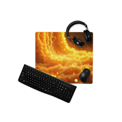 Black keyboard, mouse, and headphones on vibrant orange cosmic gaming mousepad