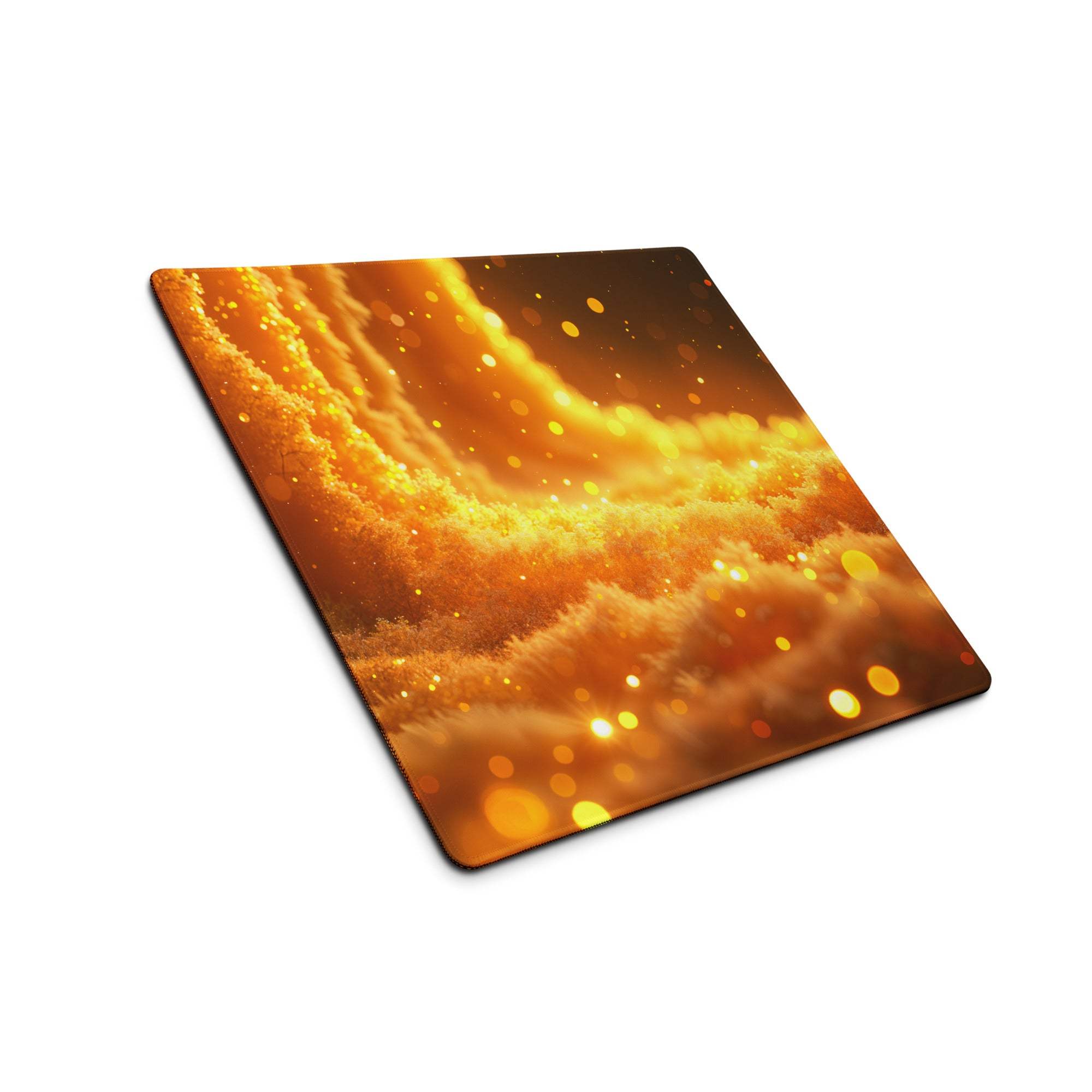 Vibrant large gaming mouse pad with fiery orange gold cosmic swirl and non-slip base