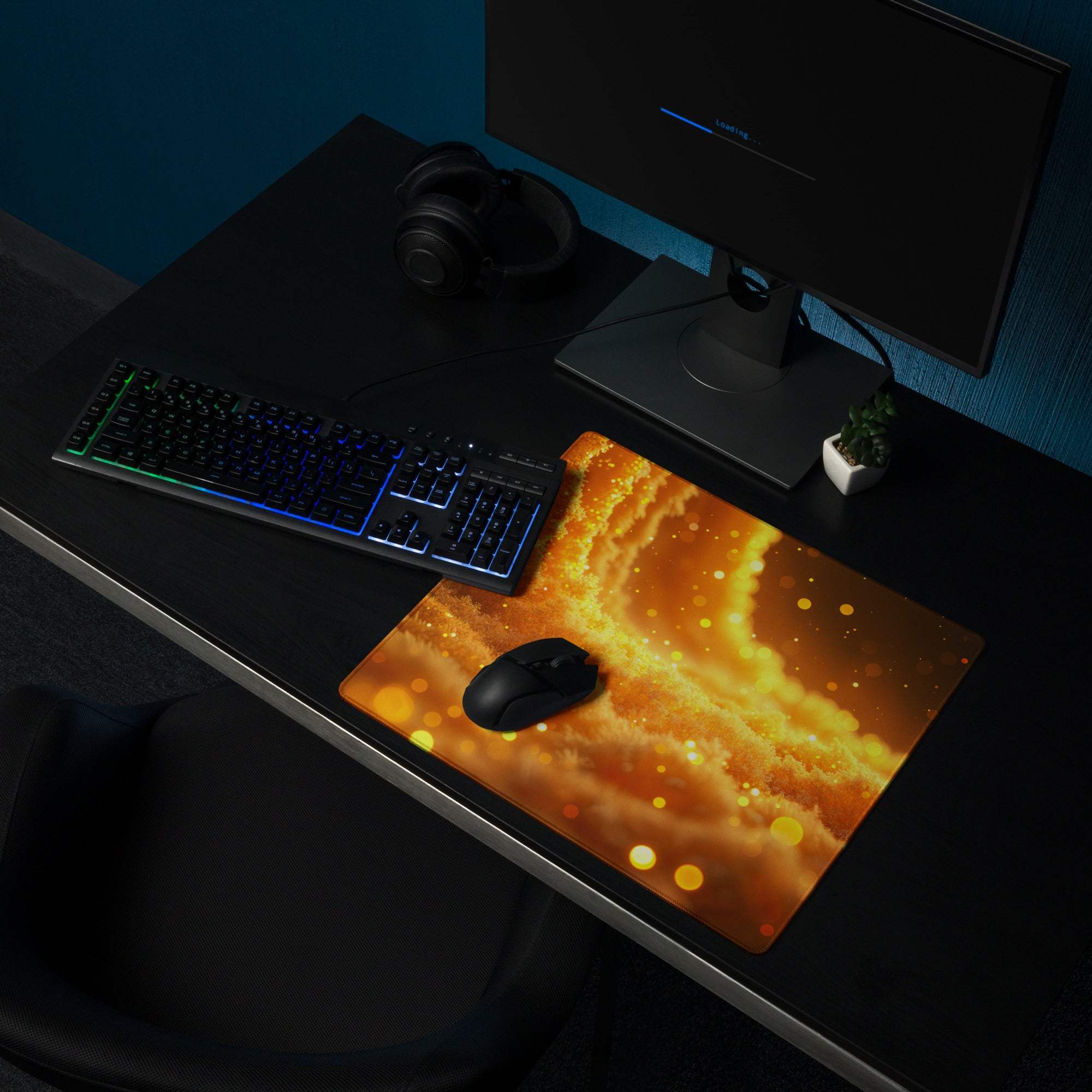 Vibrant orange yellow cosmic nebula gaming mousepad with non-slip base