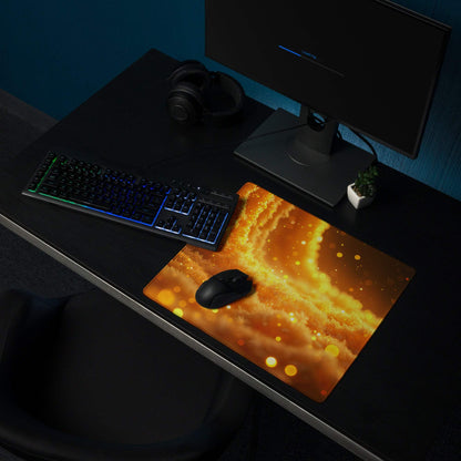 Vibrant orange yellow cosmic nebula gaming mousepad with non-slip base