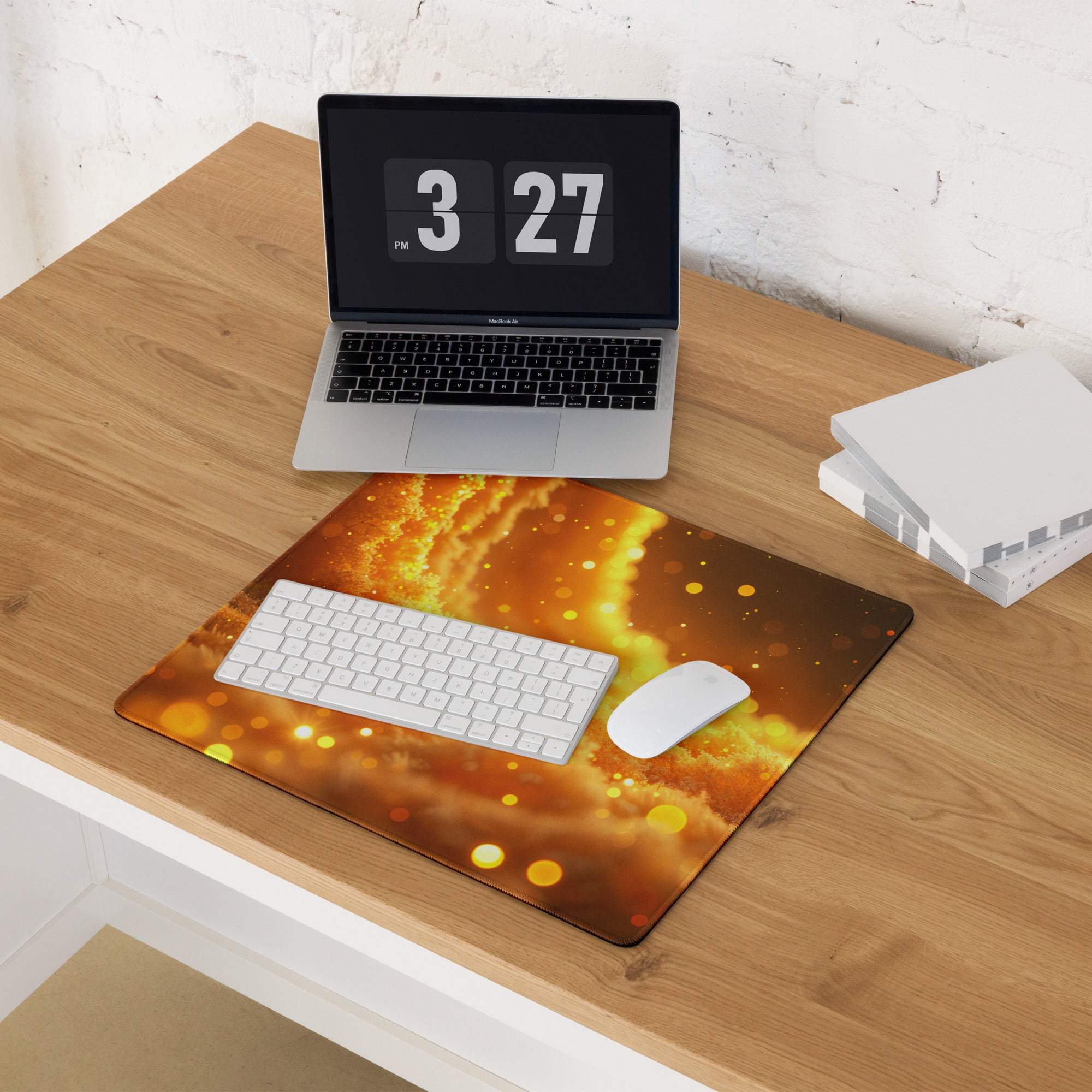 Vibrant orange yellow nebula gaming mousepad with white keyboard mouse