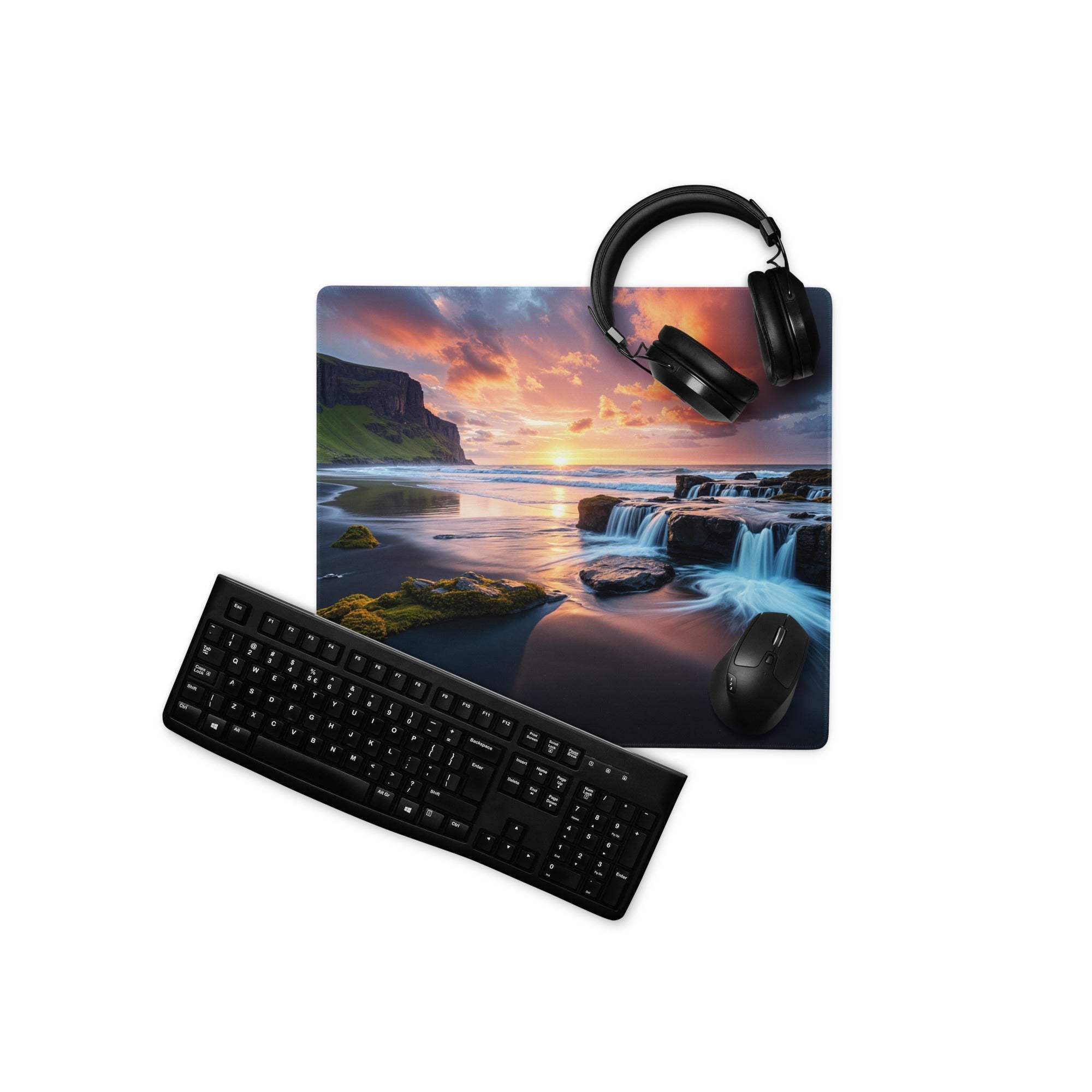 Black matte QWERTY keyboard on vibrant sunset gaming mouse pad