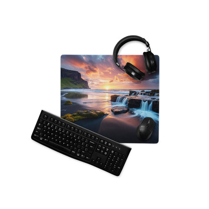 Black matte QWERTY keyboard on vibrant sunset gaming mouse pad