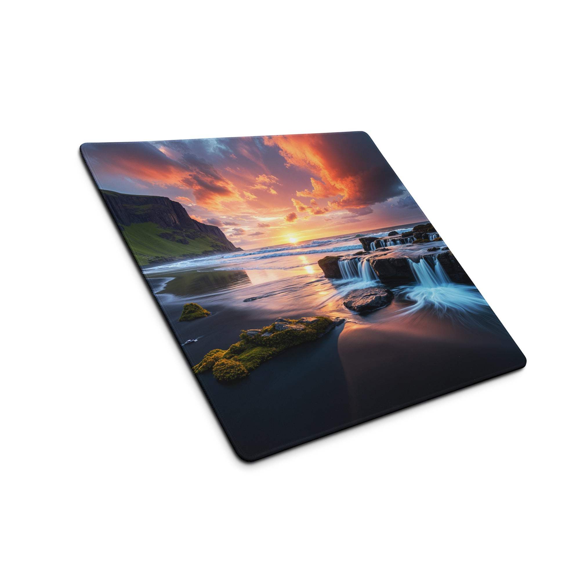 Vibrant sunset over coastal cliffs and waterfalls on extra large gaming mouse pad