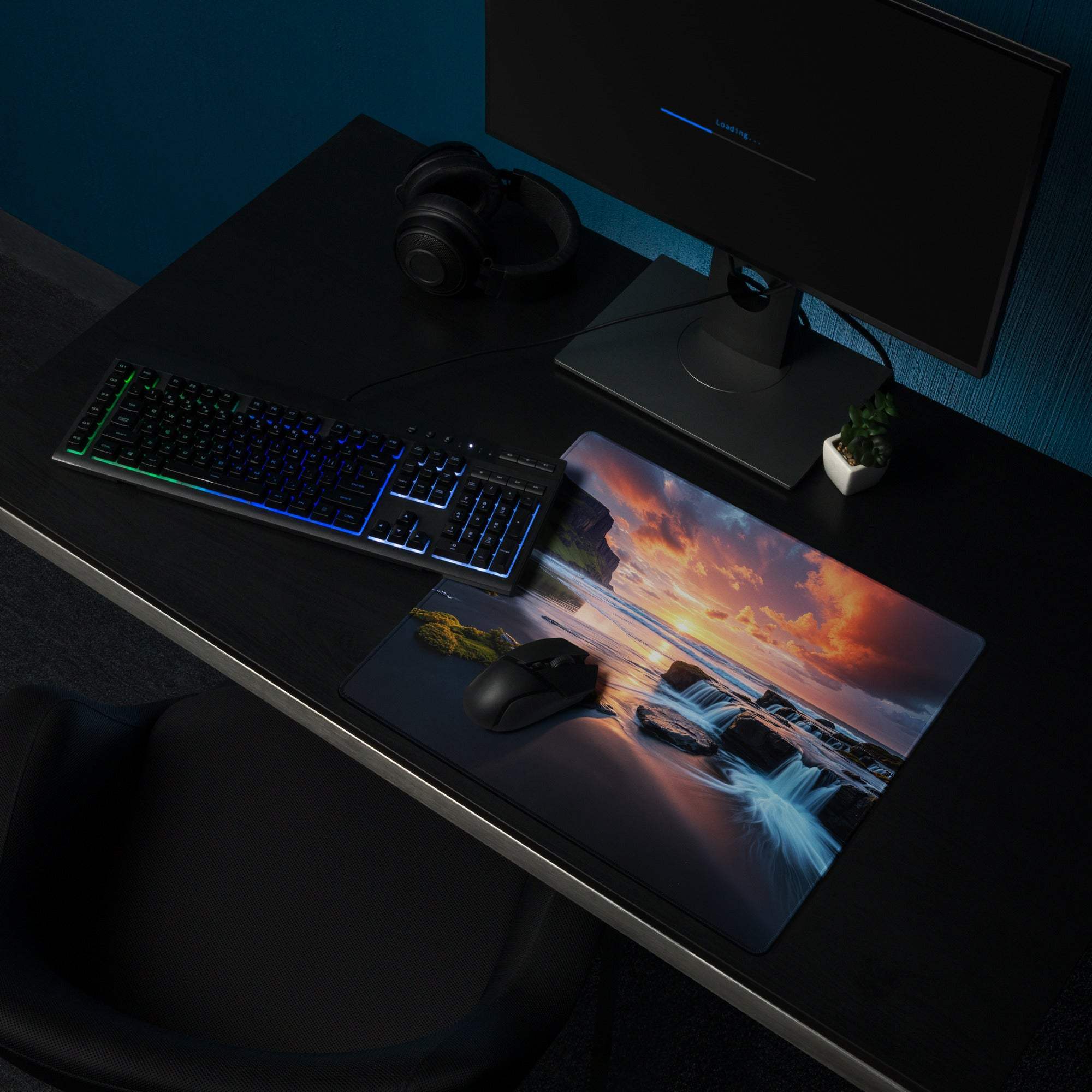 Vibrant sunset beach extra large gaming mouse pad with non-slip edges