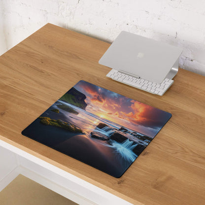 Vibrant sunset over ocean cliffs on extra large gaming mouse pad