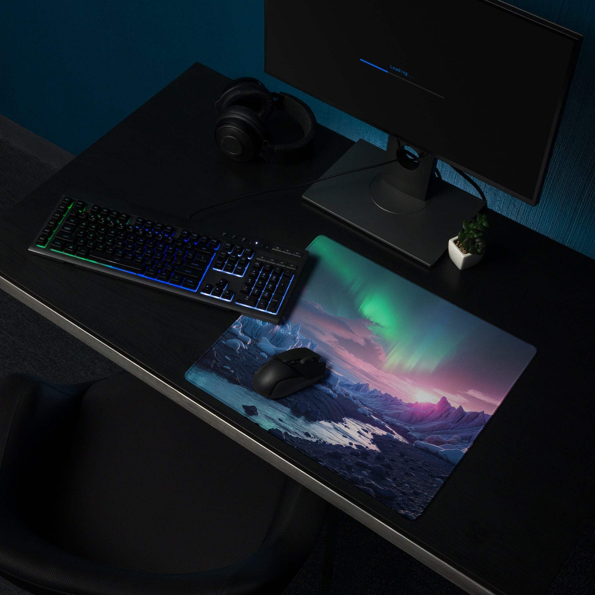 Aurora Ice Landscape gaming mouse pad with aurora borealis, stitched edges, non-slip backing