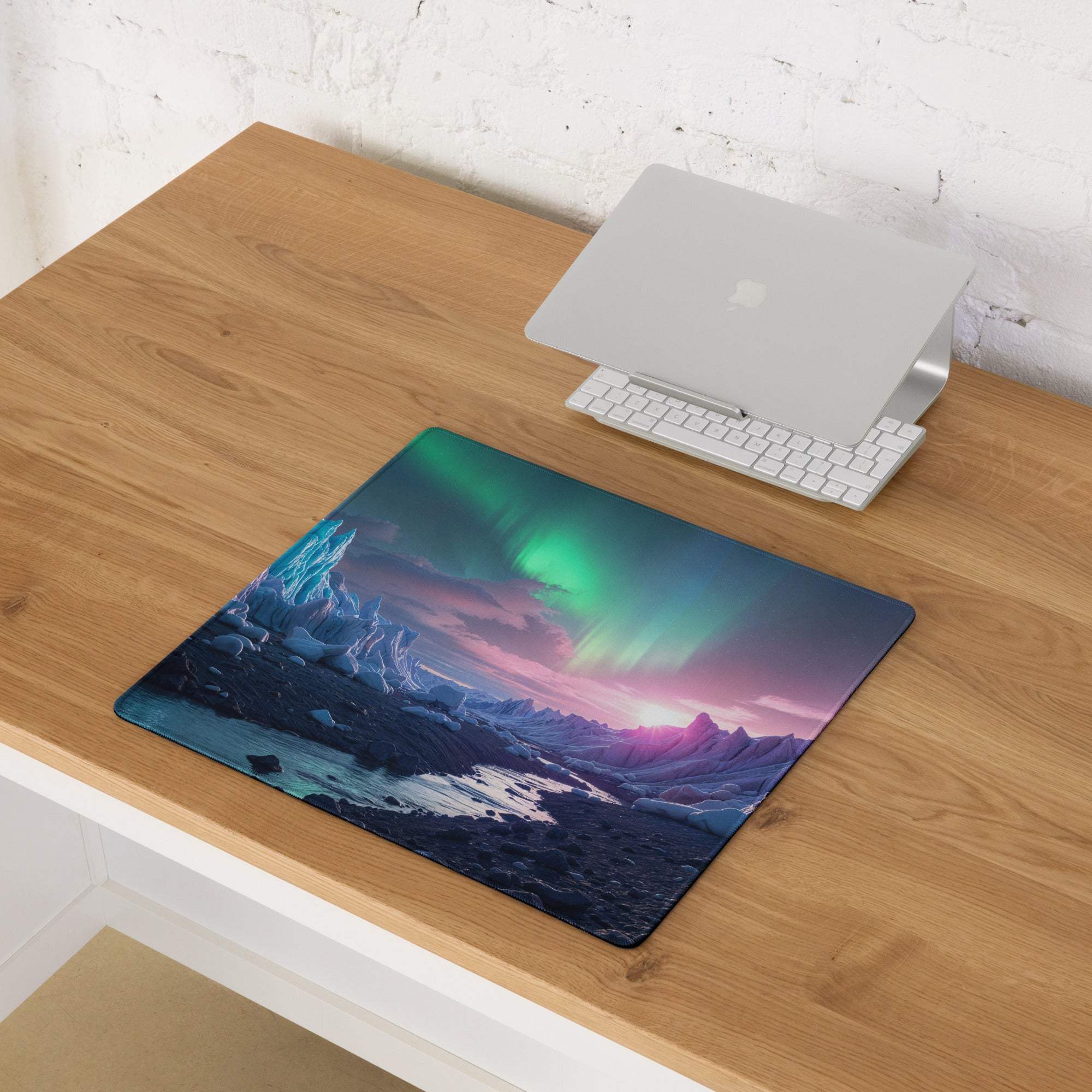Vibrant aurora borealis over icy mountains gaming mouse pad with stitched edges