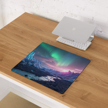 Vibrant aurora borealis over icy mountains gaming mouse pad with stitched edges