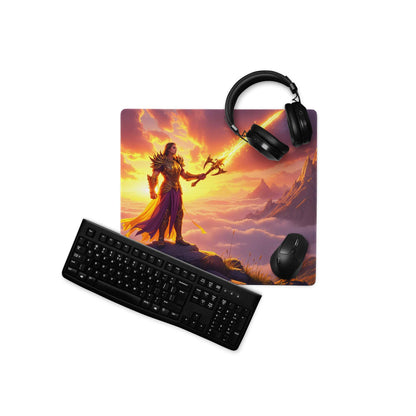 Epic fantasy warrior in golden armor on sunset mountain gaming mouse pad