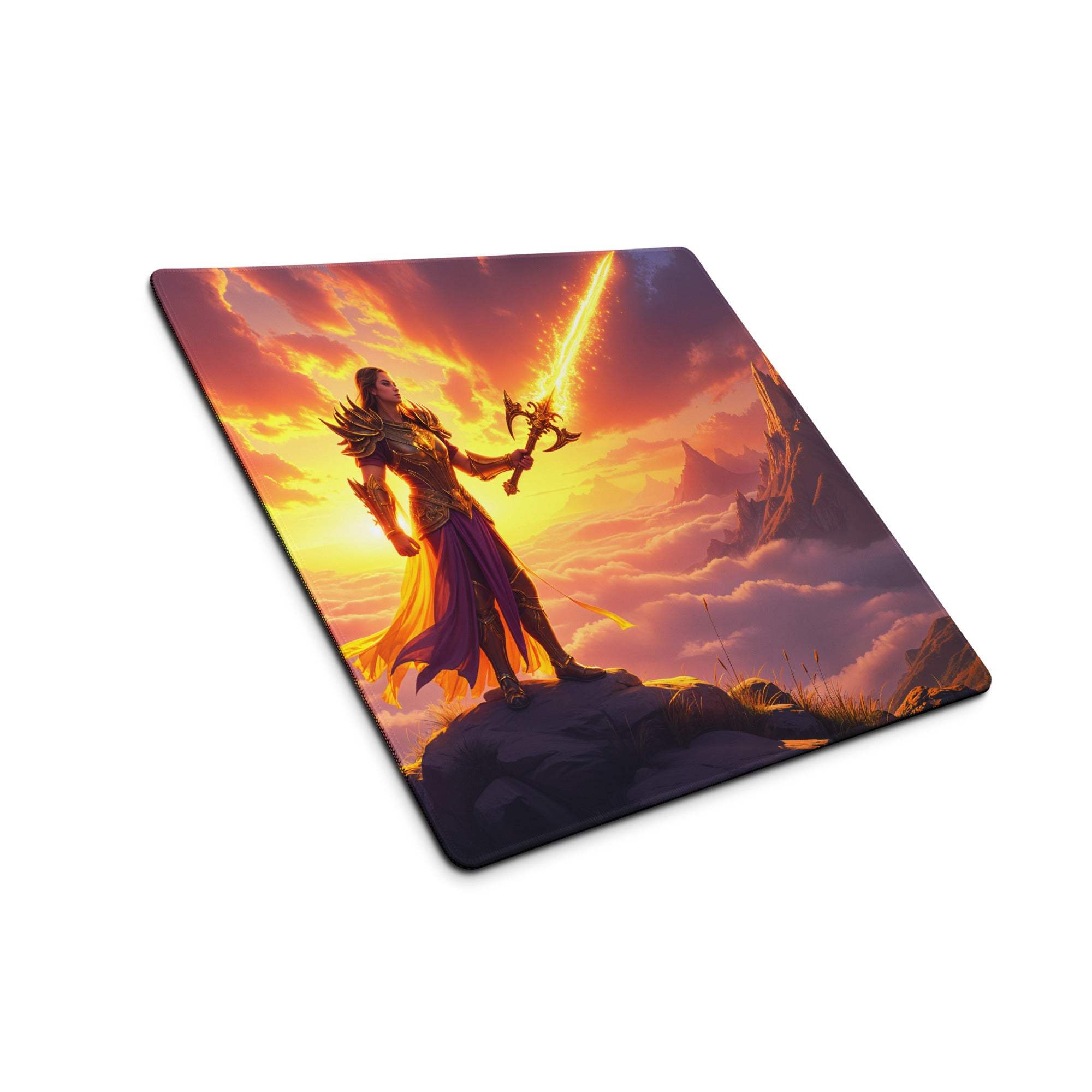 Epic fantasy warrior on sunset mountain large gaming mouse pad
