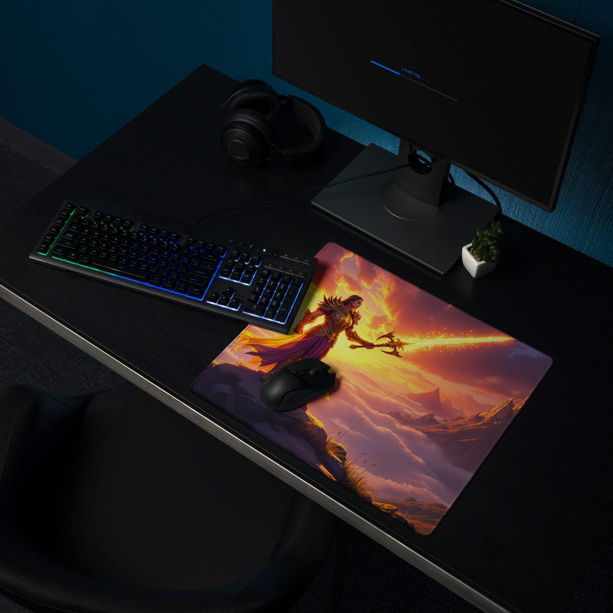 Epic fantasy warrior on sunset mountain large gaming mouse pad
