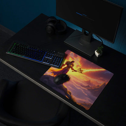 Epic fantasy warrior on sunset mountain large gaming mouse pad