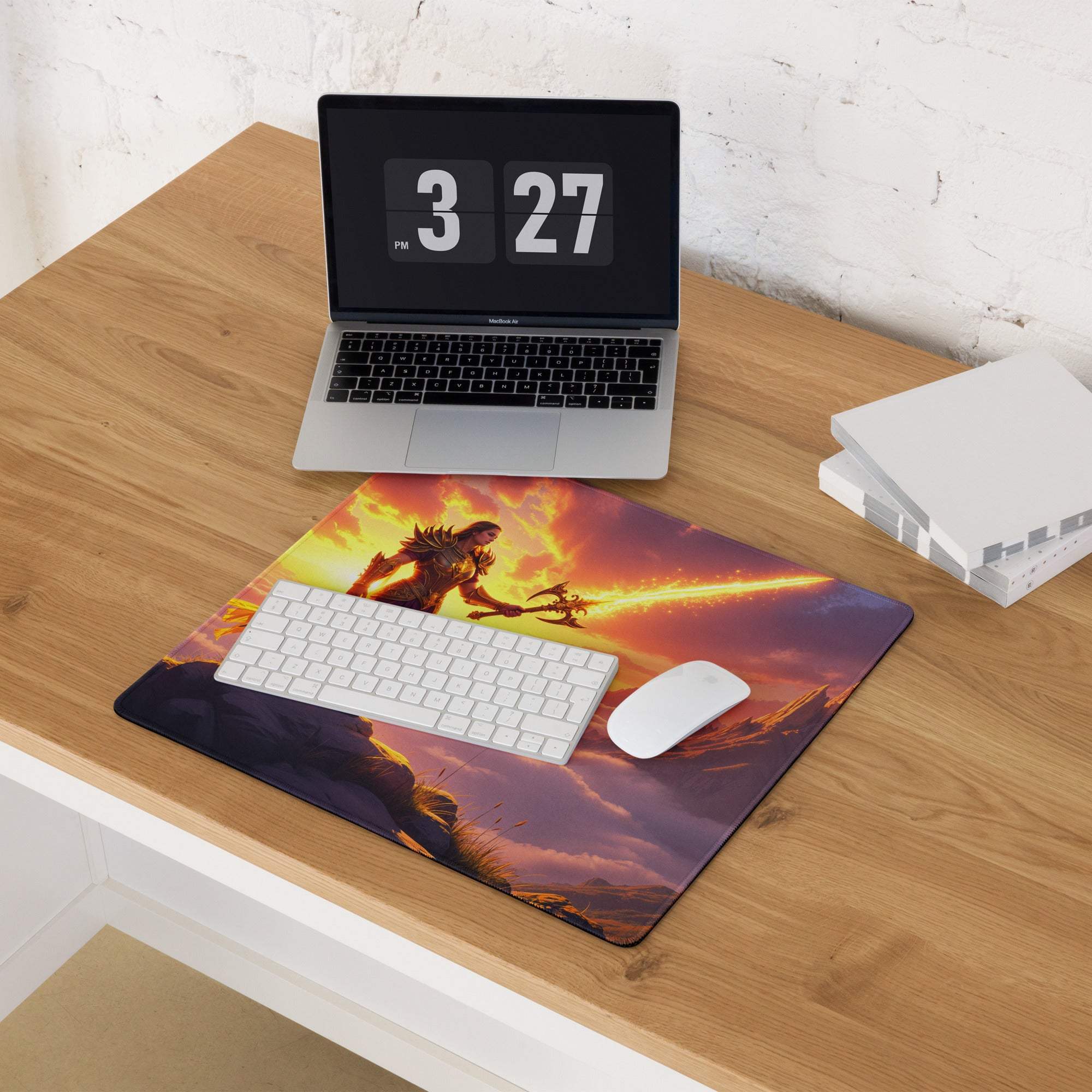 Epic fantasy warrior on sunset mountain large gaming mouse pad